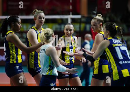 ISTANBUL, TURKIYE - 16 JANVIER 2024 : les joueurs de Fenerbahce Opet célèbrent le point lors du Grot Budowlani Lodz CEV Champions League volley match in Banque D'Images