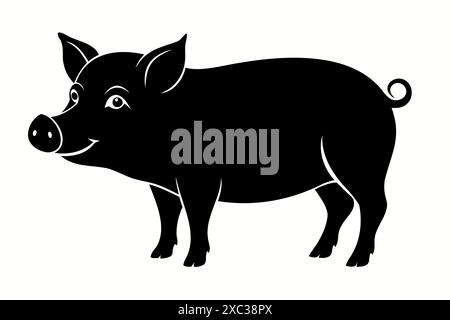 Silhouette noire d'un cochon isolé sur un fond blanc. Illustration animale, animal de ferme, design minimaliste, concept d'élevage. Illustration de Vecteur