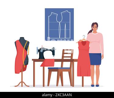 Couturière féminine ou couturière travaillant sur la machine à coudre. Femme souriante cousant assis sur la table. Créateur de mode sur le lieu de travail. Jeune femme utilisant SEW Illustration de Vecteur