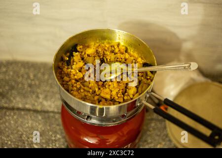 Cuisson des légumes à la cuisinière à gaz à brûleur unique en cuivre à la maison à la vue rapprochée de jour Banque D'Images