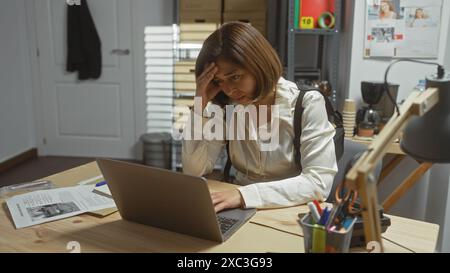 Une femme détective Latina stressée examine des preuves dans un bureau entouré de papiers et d'un ordinateur portable. Banque D'Images