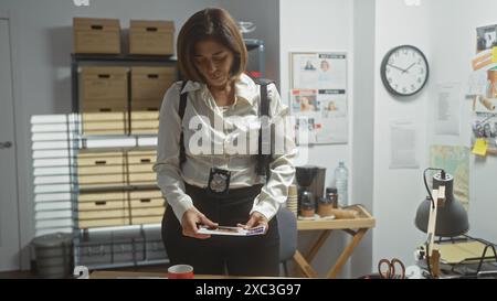 Une détective hispanique mature examine des documents dans un bureau rempli d'indices d'enquête. Banque D'Images