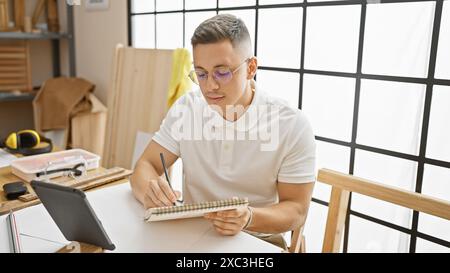 Bel homme hispanique écrivant dans un cahier dans un studio de menuiserie lumineux, mettant en valeur l'artisanat et la concentration. Banque D'Images