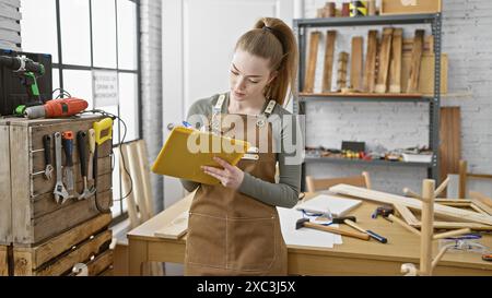 Jeune femme menuisière examine les plans sur une planche à pince dans un atelier de menuiserie bien équipé. Banque D'Images