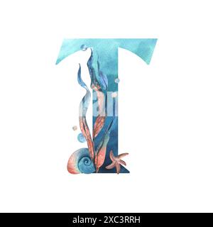 Lettre majuscule T, partie de l'alphabet latin décoré dans un thème humide avec des coraux, des coquillages, des algues, des bulles, des couleurs bleues et coralliennes. Dessiné à la main Banque D'Images