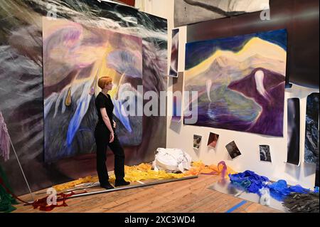 L'exposition de cette année comprend des peintures qui remettent en scène des images d'un passé italien, un objet papier journal cousu à grande échelle évoquant le paysage britannique et le corps humain, et une installation d'images en mouvement qui crée un monde post-apocalyptique absurde habité par des goths et des hommes d'affaires. Banque D'Images