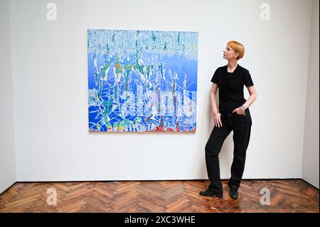 L'exposition de cette année comprend des peintures qui remettent en scène des images d'un passé italien, un objet papier journal cousu à grande échelle évoquant le paysage britannique et le corps humain, et une installation d'images en mouvement qui crée un monde post-apocalyptique absurde habité par des goths et des hommes d'affaires. Banque D'Images