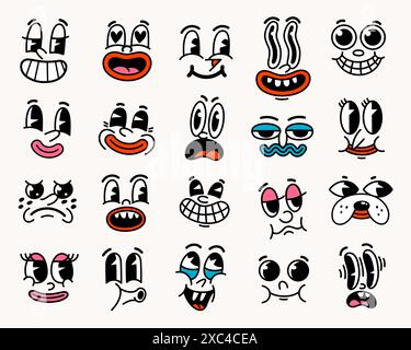 Personnages de dessins animés rétro drôles de visages. Illustration de Vecteur