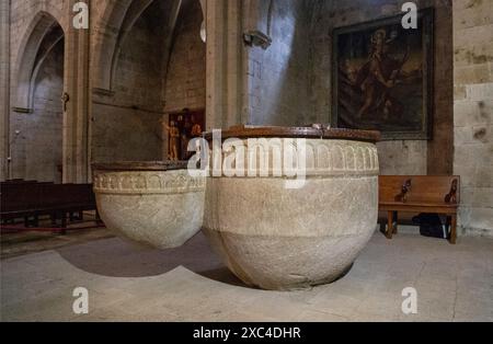 Castelló d'Empúries, Basilika Santa Maria de Castello d'Empuries, Doppeltaufbecken von 1310 Banque D'Images