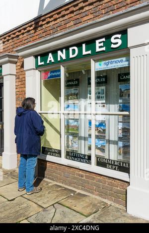 Femme regardant dans la fenêtre des agents immobiliers Landles à King's Lynn, Norfolk. Banque D'Images