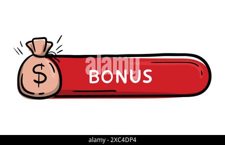 Bouton rouge brillant dessiné à la main avec texte bonus et icône de sac d'argent. Élément modifiable vectoriel pour site Web, application, conception. Illustration de Vecteur