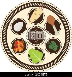 Vacances juives Pesach, assiette seder de Pâque avec la nourriture traditionnelle - oeuf, laitue, os de jarret, persil, illustration vectorielle de pomme Illustration de Vecteur