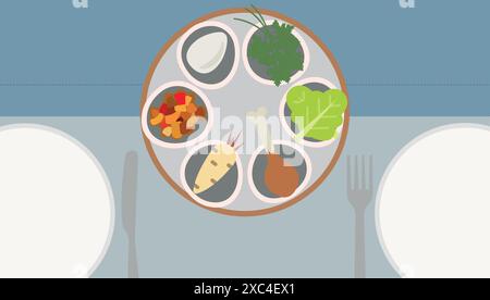 Vacances juives Pesach, assiette seder de Pâque avec la nourriture traditionnelle - oeuf, laitue, os de jarret, persil, illustration vectorielle de pomme Illustration de Vecteur