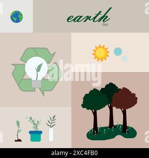 Joyeux jour de la Terre ! Illustrations vectorielles de l'écologie, logo, protection et conservation de l'environnement, feuilles, arbre, icônes de ligne et motif géométrique Illustration de Vecteur