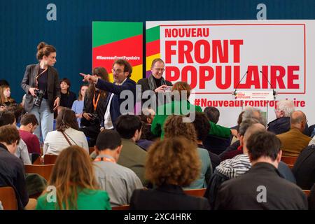 Paris, France. 14 juin 2024. Julien Mattia/le Pictorium - Conférence de presse du Nouveau Front populaire - 14/06/2024 - France/Ile-de-France (région)/Paris - illustration à la conférence de presse du Nouveau Front populaire à la Maison de la chimie, Paris, le 14 juin 2024. Crédit : LE PICTORIUM/Alamy Live News Banque D'Images