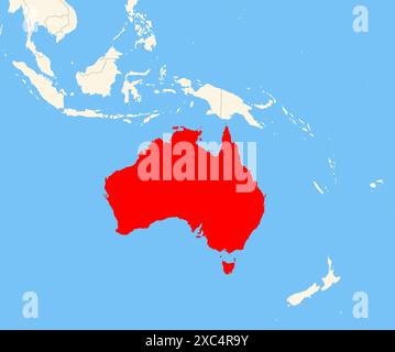 Carte de localisation montrant l'emplacement du pays Australie en Australie. Le pays est mis en évidence par un polygone rouge. Les petits pays sont également marqués Banque D'Images