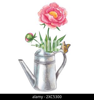 Pivoine rose dans un arrosoir. Aquarelle illustration dessinée à la main sur un fond blanc. Clipart sur le thème du jardin de printemps, potager, ferme Banque D'Images