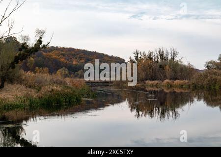 Explorez la rive de la rivière Siverskyi Donets en Ukraine avec des arbres d'automne et des reflets de ciel nuageux Banque D'Images