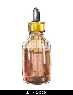 Illustration aquarelle d'une bouteille compte-gouttes, souvent utilisée pour les huiles essentielles et les extraits de plantes. Soins de la peau, bien-être et remèdes naturels. Banque D'Images