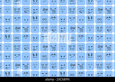 Modèle sans couture avec des personnages drôles carrés avec différentes émotions faciales. Illustration vectorielle avec des chiffres heureux triste émoticônes en colère pour les enfants. Illustration de Vecteur