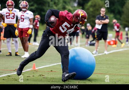 Bobby Wagner (54), linebacker des Washington Commanders, effectuant des exercices au mini camp au centre d'entraînement OrthoVirginia au Commanders Park à Ashburn, Virginie, le 11 juin 2024 (Alyssa Howell pour image of Sport) Banque D'Images