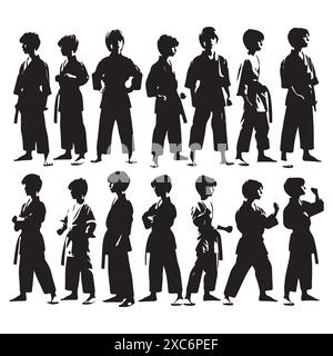 Ensemble silhouette de jeunes garçons de karaté. Illustration isolée vectorielle Illustration de Vecteur