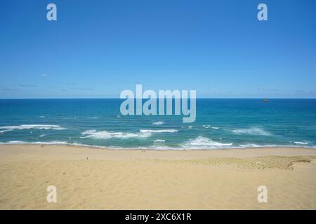 Paysage de dunes de sable de Tottori avec des dunes de sable ondulantes sous un ciel bleu clair et vibrant. L'horizon montre l'étendue infinie de sable rencontrant le bleu s. Banque D'Images