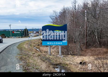 Bienvenue à Port Hawkesbury panneau sur NS 104 en Nouvelle-Écosse, Canada Banque D'Images