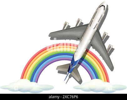 Avion volant au-dessus de l'arc-en-ciel et des nuages Illustration de Vecteur