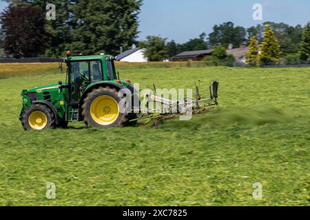 Tracteur avec faneuse de foin au travail, flou de mouvement, dynamique, Rhénanie-Palatinat, Allemagne Banque D'Images