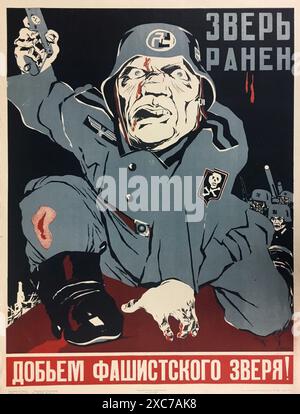 Une affiche vintage de propagande et de recrutement de l'URSS de la seconde Guerre mondiale de 1943. Il montre une caricature d'un soldat allemand. Le texte dit que l'animal est blessé. Finissons l'animal nazi ! Banque D'Images