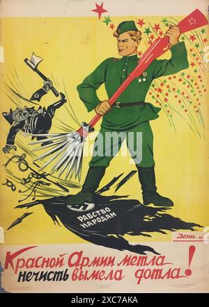 Une affiche vintage de propagande et de recrutement de l'URSS de la seconde Guerre mondiale de 1945. Il montre un soldat en uniforme de l'Armée Rouge avec un fusil à baïonnettes fixes utilisé comme balai pour balayer une caricature d'Hitler. Le texte dit que le balai de l'Armée rouge a balayé les mauvais esprits! Banque D'Images