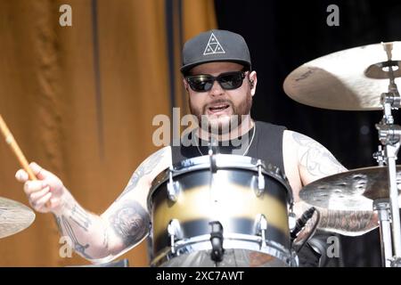 Adenau, Allemagne, 7 juin 2024 : Royal Blood (Ben Thatcher, batterie) joue au Rock am Ring. Le festival a lieu sur le circuit de Nuerburgring à proximité Banque D'Images