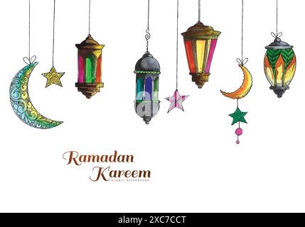 Ramadan kareem festif suspension aquarelle arabe lampes fond de carte Illustration de Vecteur