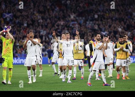 Munich, Allemagne. 14 juin 2024. Les joueurs de l'Allemagne célèbrent la victoire du match UEFA Euro 2024 Groupe A entre l'Allemagne et l'Écosse à Munich, Allemagne, le 14 juin 2024. Crédit : Bai Xuefei/Xinhua/Alamy Live News Banque D'Images