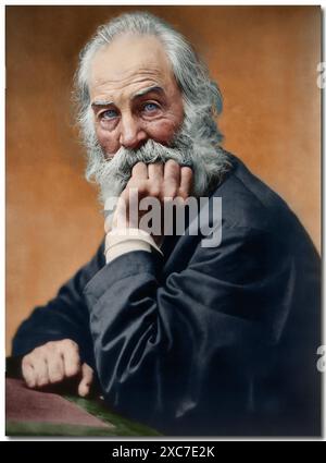 Un vieil homme réfléchi avec une longue barbe blanche et des yeux bleus, reposant son menton sur sa main. L'expression sereine et les couleurs douces véhiculent sagesse et contemplation Portrait colorisé de Walt Whitman (1819-1892) pris en 1869 alors qu'il avait 50 ans. Walt Whitman Jr., était un poète, essayiste et journaliste américain influent. Connu comme le père du verset libre, il a incorporé à la fois le transcendantalisme et le réalisme dans ses écrits. Son recueil de vers « Leaves of Grass », publié pour la première fois en 1855, est un point de repère dans la littérature américaine. L’héritage de Whitman reste fort dans la littérature américaine. Banque D'Images