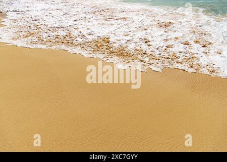 Une vue détaillée d'une plage de sable avec les vagues qui s'écrasent vigoureusement sur le rivage, mettant en valeur la beauté et la puissance de l'eau en mouvement Banque D'Images