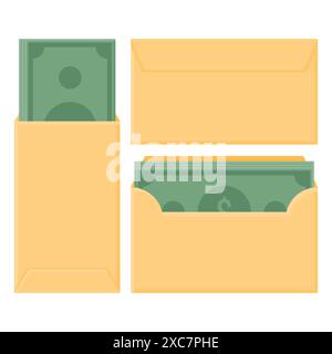 Enveloppe ouverte vectorielle avec billets de banque verts. Illustration du recto et du verso de l'enveloppe. Pile d'argent. Illustration de Vecteur