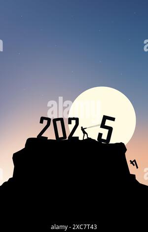 Silhouette d'homme d'affaires tirant le nombre '5' pour compléter '2025' sur une montagne sous une pleine lune, symbolisant la définition d'objectifs et la planification future. Banque D'Images