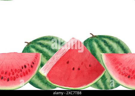 Pastèque entière avec des tranches juteuses avec quelques graines de bordure sans couture. Aquarelle isolée sur blanc, dessinée à la main pour la conception alimentaire. Paquets, jus Banque D'Images