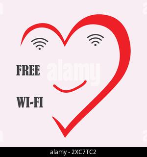 Forme de coeur rouge souriant avec le message wi-fi gratuit Illustration de Vecteur