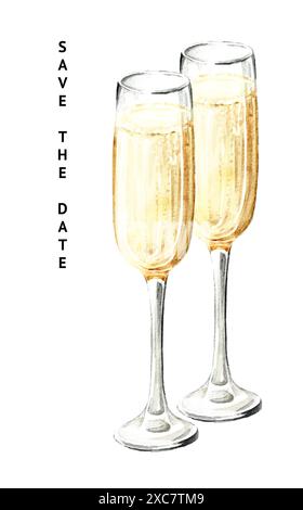Verres à champagne. Enregistrez la carte de date. Illustration d'aquarelle dessinée à la main isolée sur fond blanc Banque D'Images