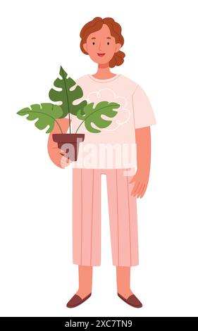 Une fille jardinière avec un pot d'une plante d'intérieur dans ses mains. Monstera. Illustration de Vecteur