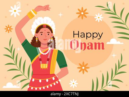 Danseuse Kathakali sur fond pour Happy Onam festival de l'Inde du Sud Kerala. Fille indienne en vêtements traditionnels. Illustration de Vecteur