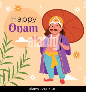 Joyeux festival Onam au Kerala. Célébration Onam, fête indienne traditionnelle. Roi Mahabali avec parapluie. Illustration de Vecteur