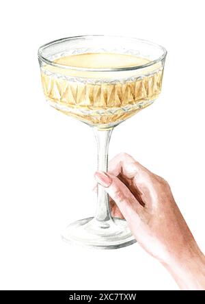Main féminine, tenant un verre de champagne. Illustration d'aquarelle dessinée à la main isolée sur fond blanc Banque D'Images