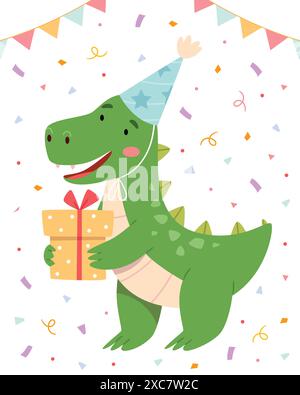 Personnage drôle de dessin animé de dinosaure d'anniversaire avec Un chapeau de fête tenant Une boîte cadeau. Illustration de Vecteur