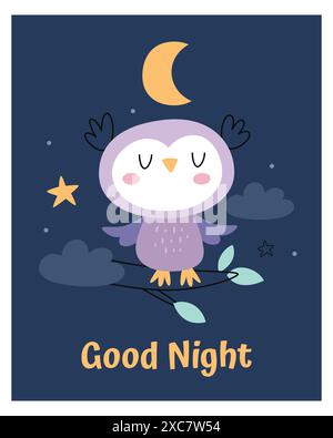 Illustration mignonne d'un hibou. Affiche pour une chambre d'enfants. Bonjour. Lune, nuages et étoiles. Illustration de Vecteur