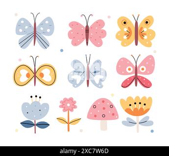 Ensemble de papillons dans le style folklorique scandinave. Papillons multicolores, fleurs et champignons. Illustration de Vecteur