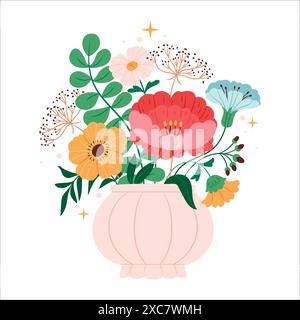 Un bouquet de fleurs d'été dans un vase. Arrangement floral. Bouquet de fleurs sauvages mélangées, branches de fleurs douces. Pré d'été Illustration de Vecteur